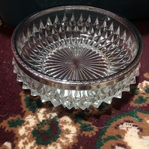 Elegant vintage 1970s  Glass cut Bowl with silver rim. Salad, fruit salad, jello